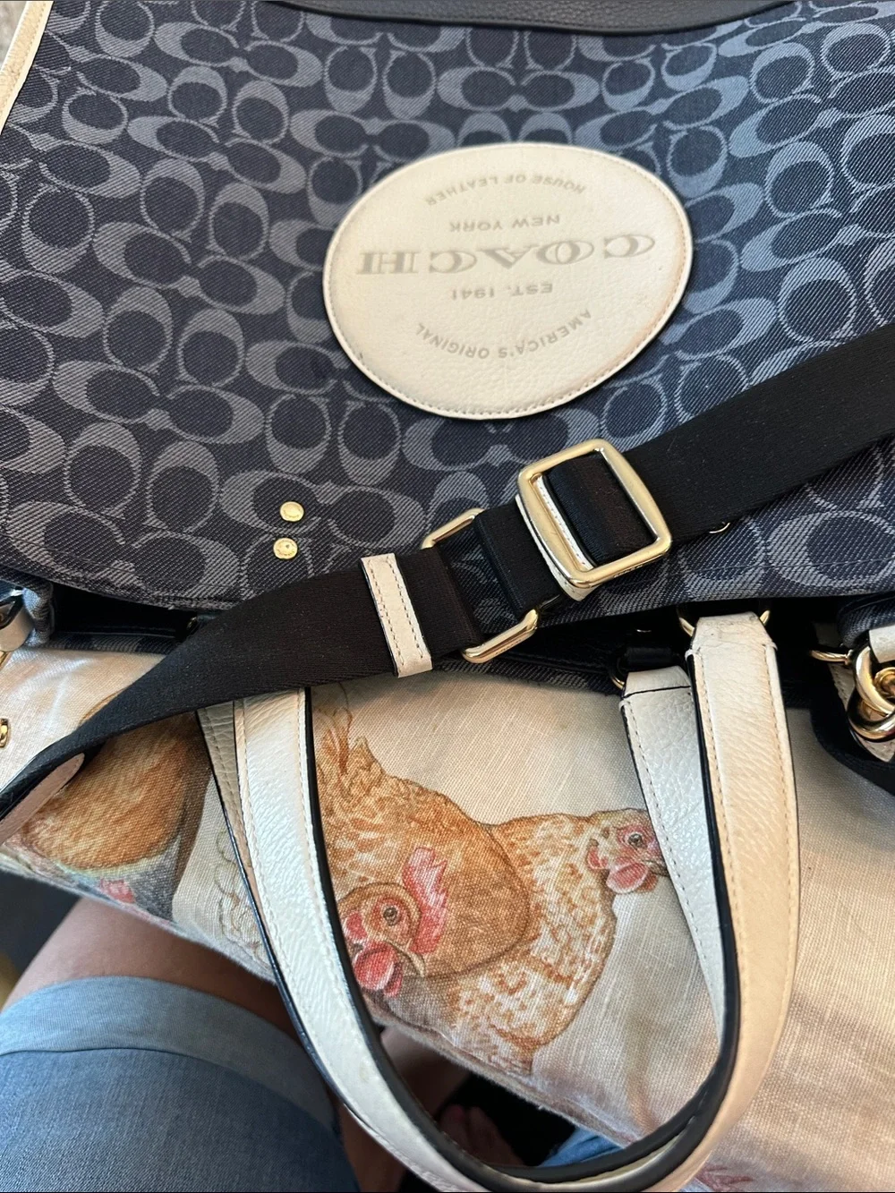 Coach Navy Signature Canvas Tote with White Leather Medallion